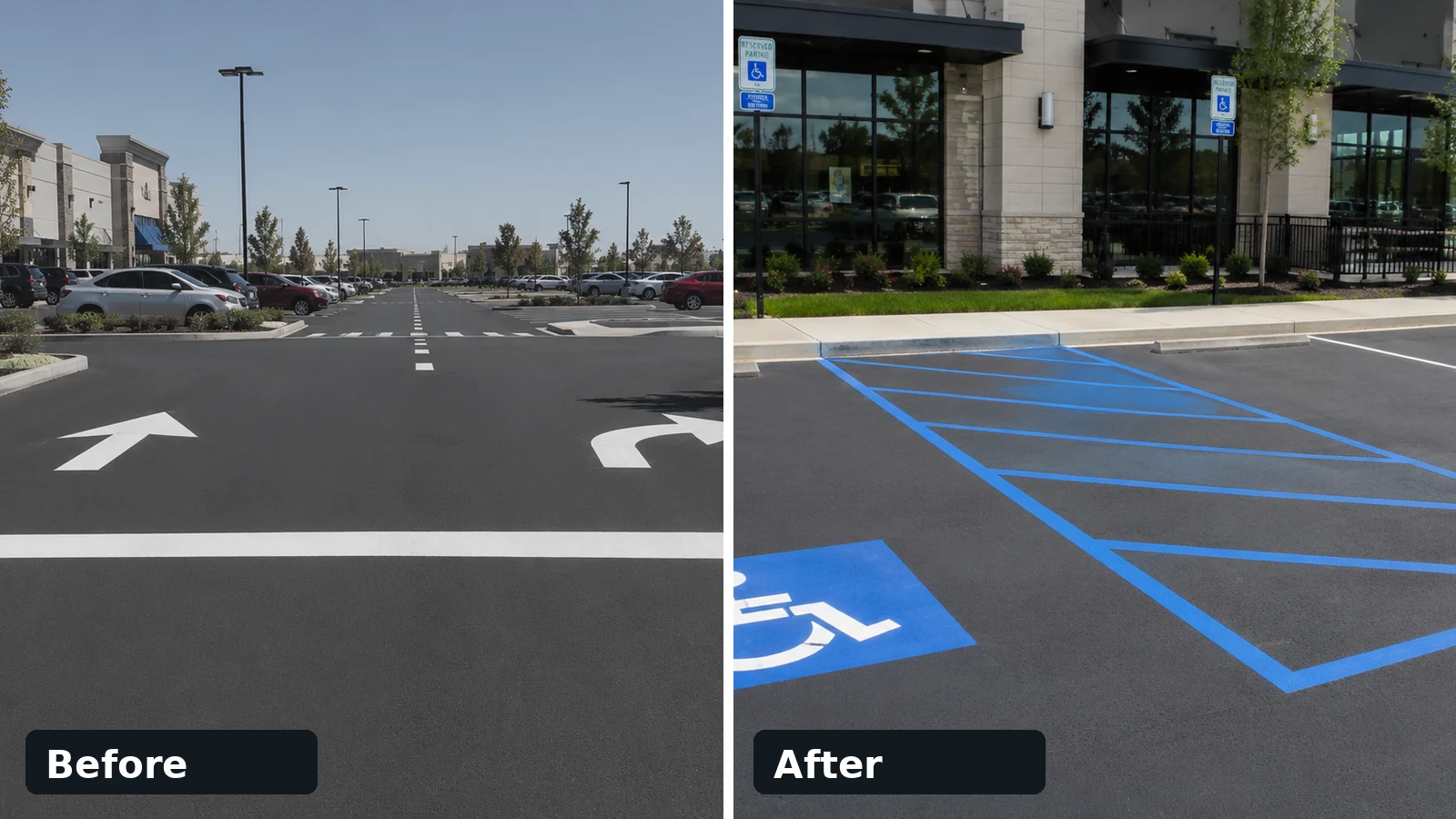 Before and after ADA parking stall restriping and access aisle marking example