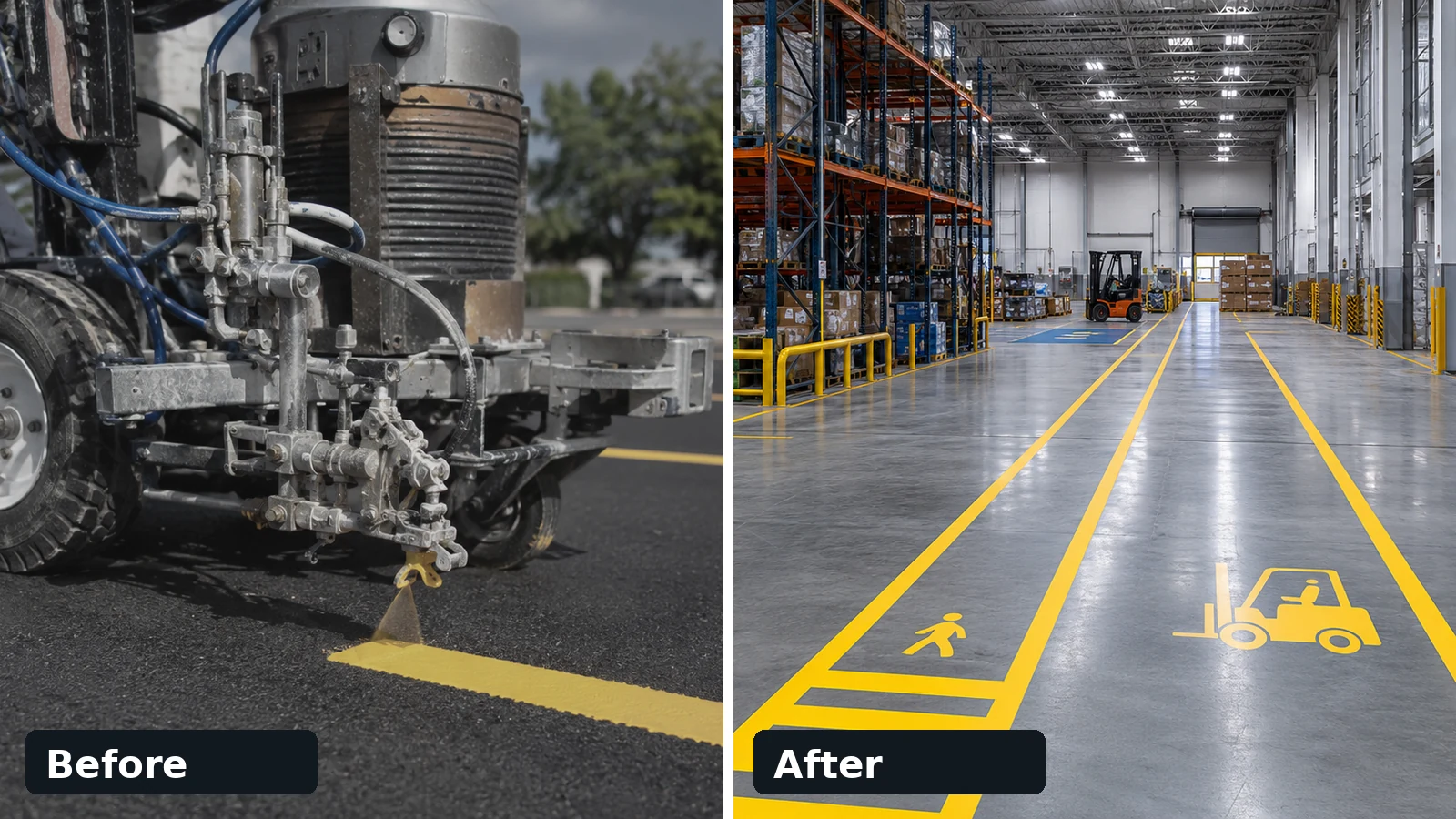 Before and after warehouse floor safety line restriping example